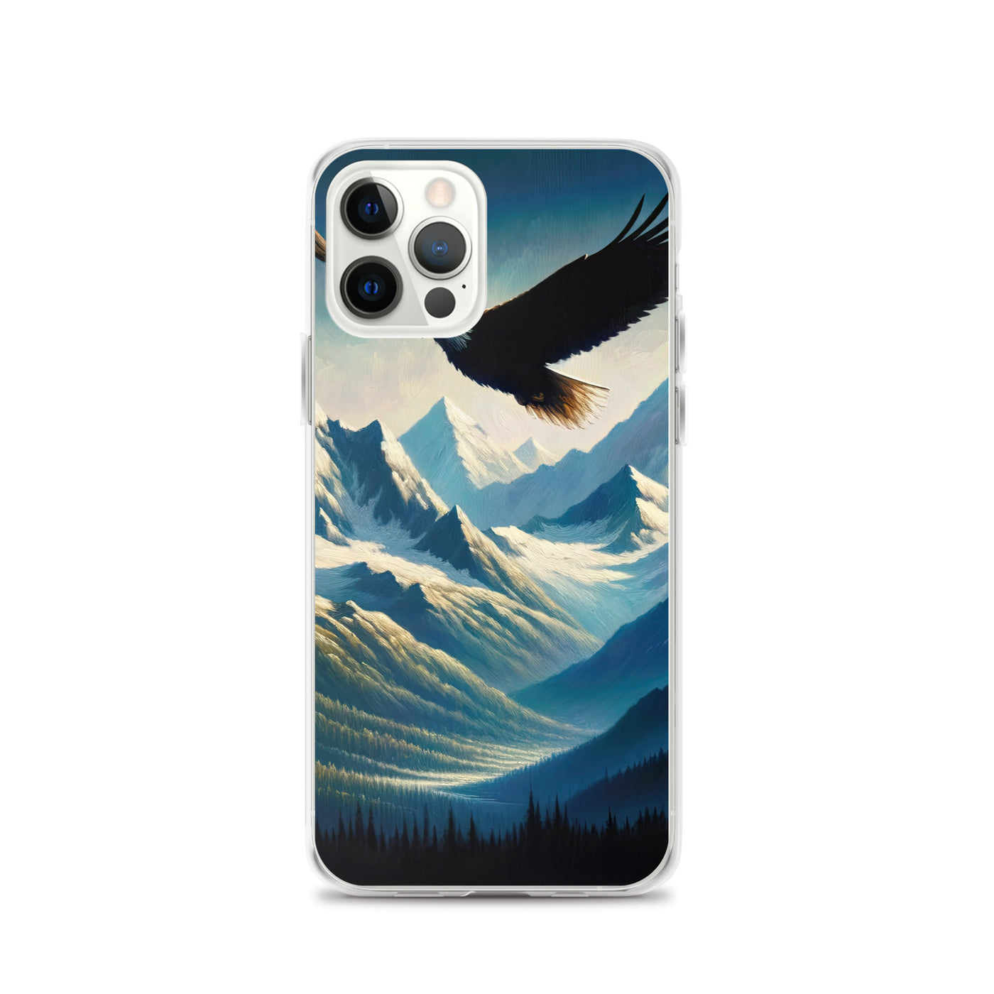 Ölgemälde eines Adlers vor schneebedeckten Bergsilhouetten - iPhone Schutzhülle (durchsichtig) berge xxx yyy zzz iPhone 12 Pro