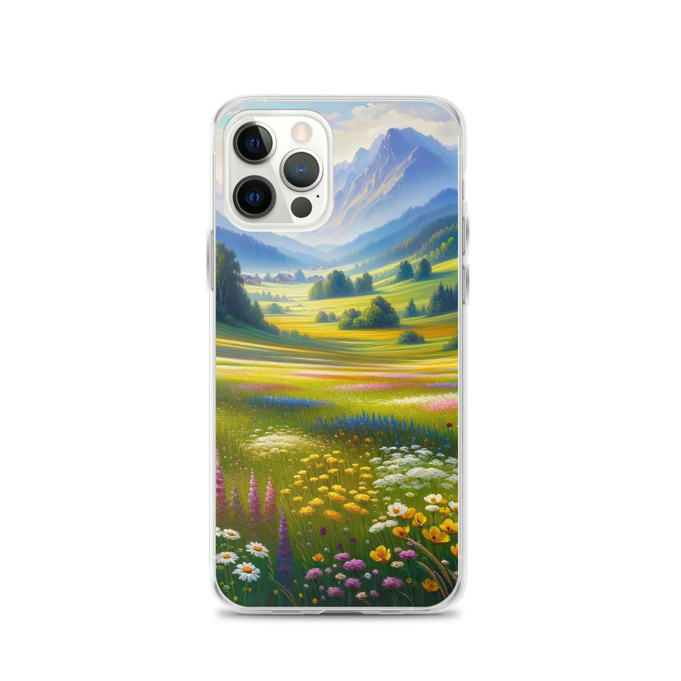 Ölgemälde einer Almwiese, Meer aus Wildblumen in Gelb- und Lilatönen - iPhone Schutzhülle (durchsichtig) berge xxx yyy zzz iPhone 12 Pro