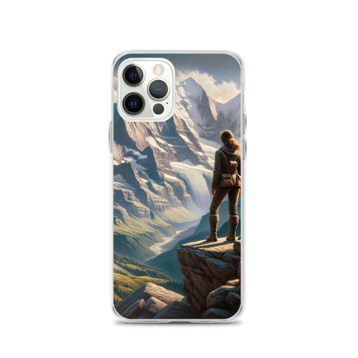 Ölgemälde der Alpengipfel mit Schweizer Abenteurerin auf Felsvorsprung - iPhone Schutzhülle (durchsichtig) wandern xxx yyy zzz iPhone 12 Pro