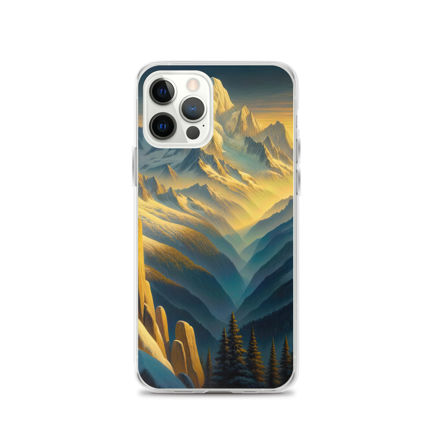Ölgemälde eines Wanderers bei Morgendämmerung auf Alpengipfeln mit goldenem Sonnenlicht - iPhone Schutzhülle (durchsichtig) wandern xxx yyy zzz iPhone 12 Pro