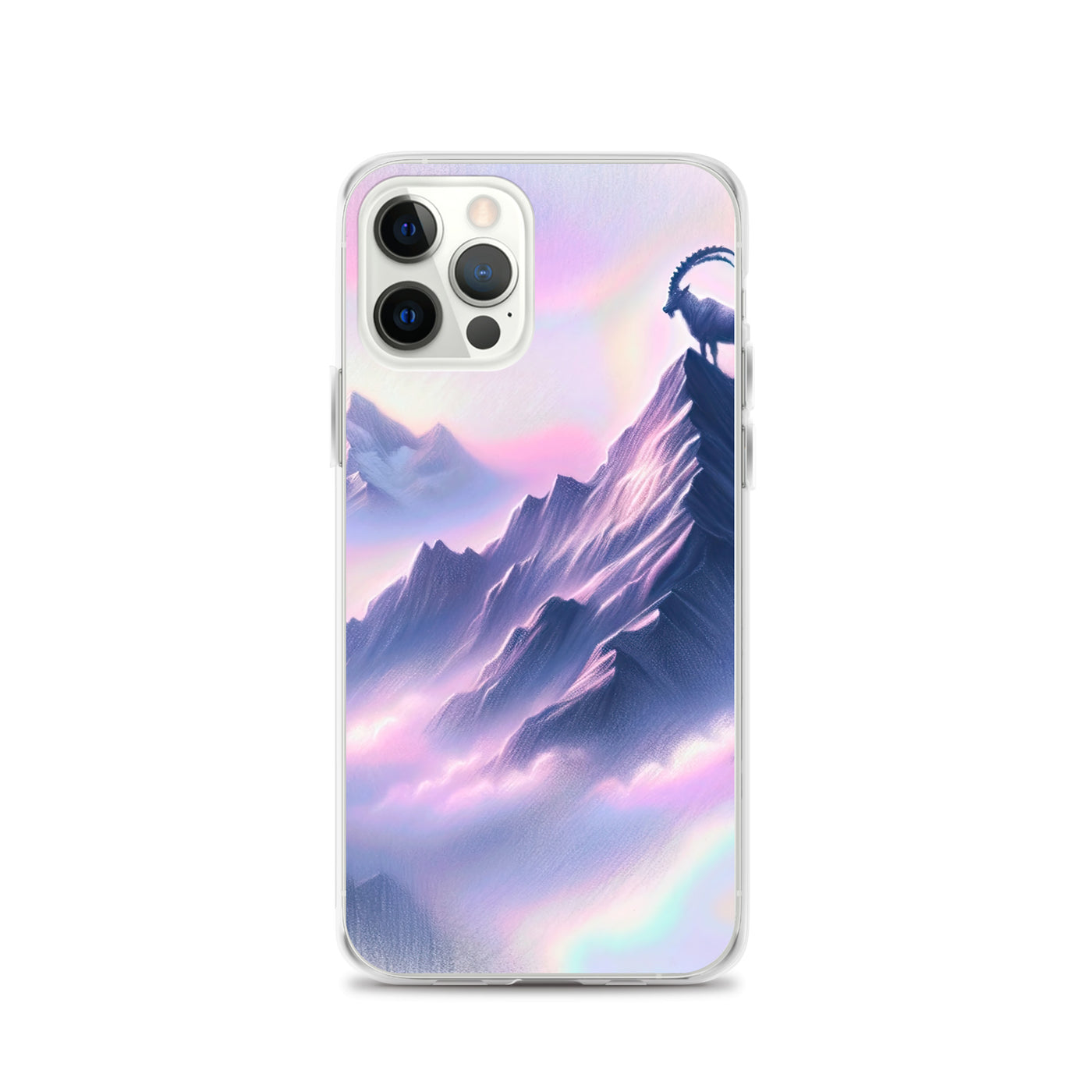 Pastellzeichnung der Alpen im Morgengrauen mit Steinbock in Rosa- und Lavendeltönen - iPhone Schutzhülle (durchsichtig) berge xxx yyy zzz iPhone 12 Pro
