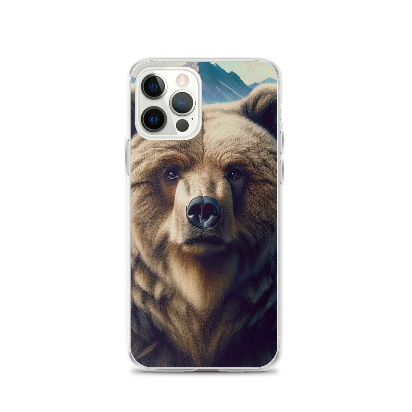 Foto eines Bären vor abstrakt gemalten Alpenbergen, Oberkörper im Fokus - iPhone Schutzhülle (durchsichtig) camping xxx yyy zzz iPhone 12 Pro