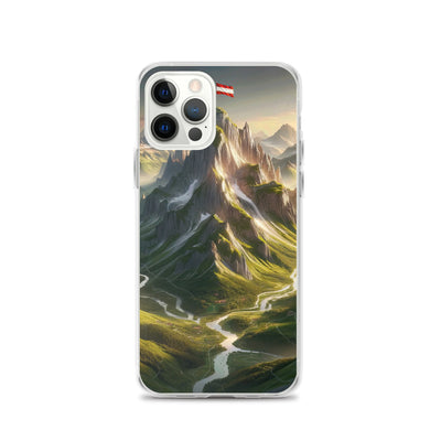 Fotorealistisches Bild der Alpen mit österreichischer Flagge, scharfen Gipfeln und grünen Tälern - iPhone Schutzhülle (durchsichtig) berge xxx yyy zzz iPhone 12 Pro