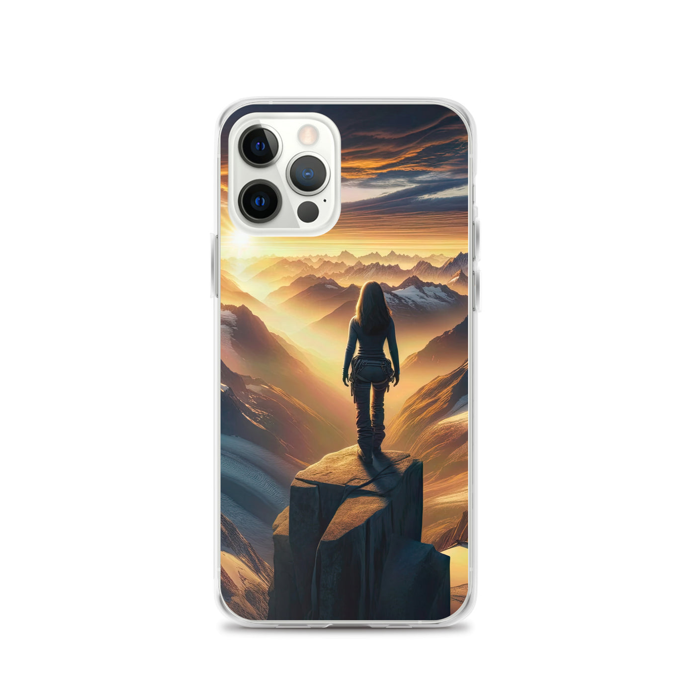 Fotorealistische Darstellung der Alpen bei Sonnenaufgang, Wanderin unter einem gold-purpurnen Himmel - iPhone Schutzhülle (durchsichtig) wandern xxx yyy zzz iPhone 12 Pro