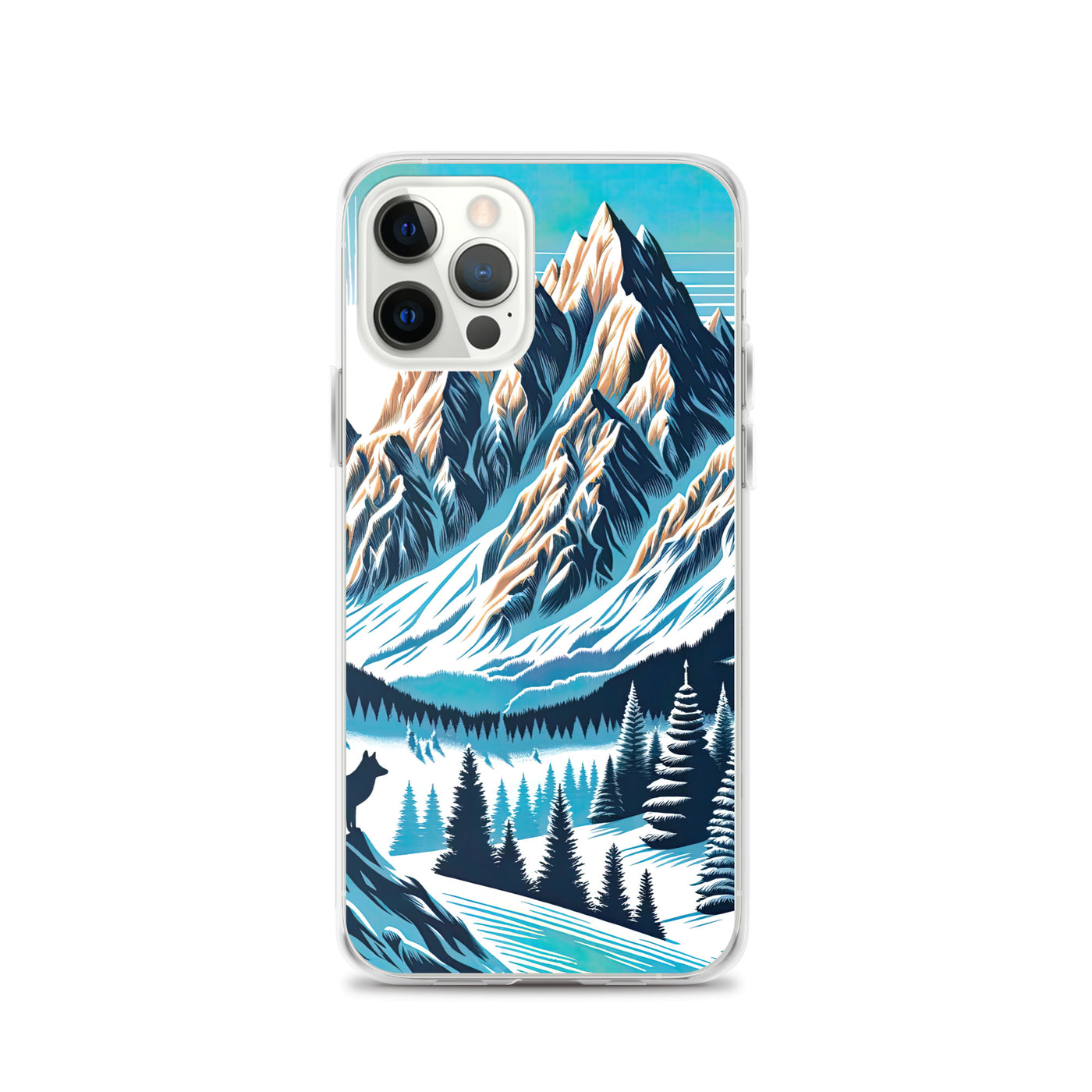 Vektorgrafik eines Wolfes im winterlichen Alpenmorgen, Berge mit Schnee- und Felsmustern - iPhone Schutzhülle (durchsichtig) berge xxx yyy zzz iPhone 12 Pro