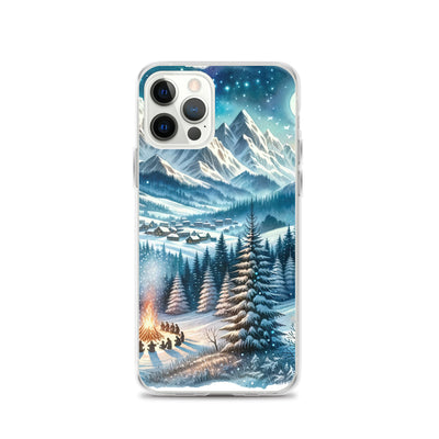 Aquarell eines Winterabends in den Alpen mit Lagerfeuer und Wanderern, glitzernder Neuschnee - iPhone Schutzhülle (durchsichtig) camping xxx yyy zzz iPhone 12 Pro