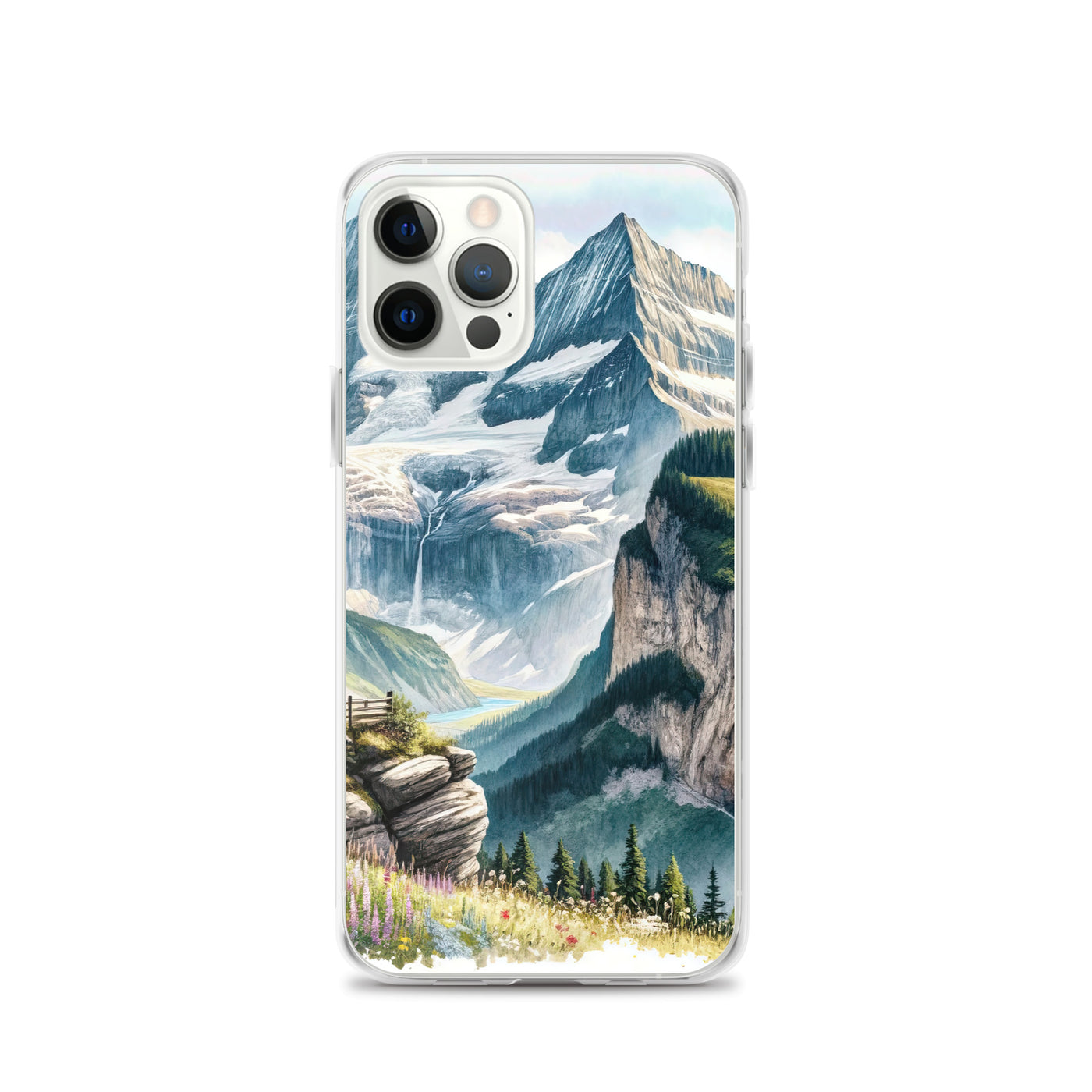 Aquarell-Panoramablick der Alpen mit schneebedeckten Gipfeln, Wasserfällen und Wanderern - iPhone Schutzhülle (durchsichtig) wandern xxx yyy zzz iPhone 12 Pro