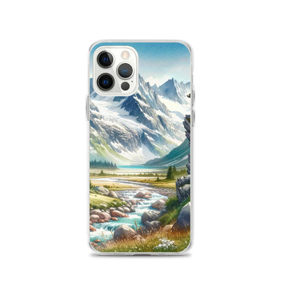 Aquarellmalerei eines Bären und der sommerlichen Alpenschönheit mit schneebedeckten Ketten - iPhone Schutzhülle (durchsichtig) camping xxx yyy zzz iPhone 12 Pro