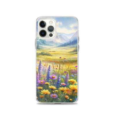 Aquarell einer Almwiese in Ruhe, Wildblumenteppich in Gelb, Lila, Rosa - iPhone Schutzhülle (durchsichtig) berge xxx yyy zzz iPhone 12 Pro