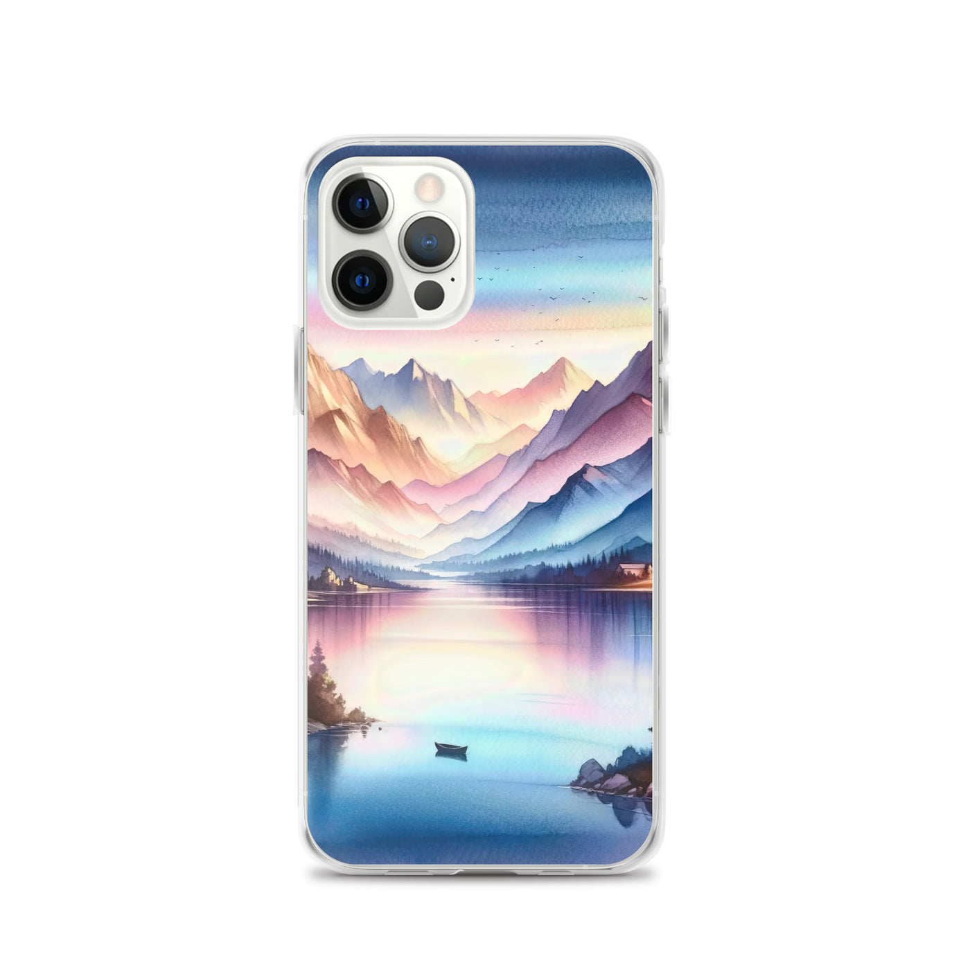 Aquarell einer Dämmerung in den Alpen, Boot auf einem See in Pastell-Licht - iPhone Schutzhülle (durchsichtig) berge xxx yyy zzz iPhone 12 Pro