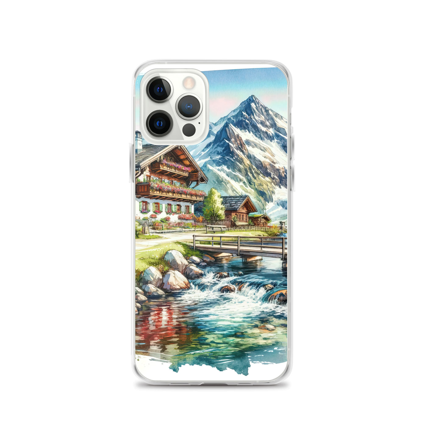 Aquarell der frühlingshaften Alpenkette mit österreichischer Flagge und schmelzendem Schnee - iPhone Schutzhülle (durchsichtig) berge xxx yyy zzz iPhone 12 Pro