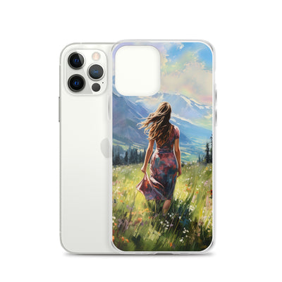 Frau mit langen Kleid im Feld mit Blumen - Berge im Hintergrund - Malerei - iPhone Schutzhülle (durchsichtig) berge xxx