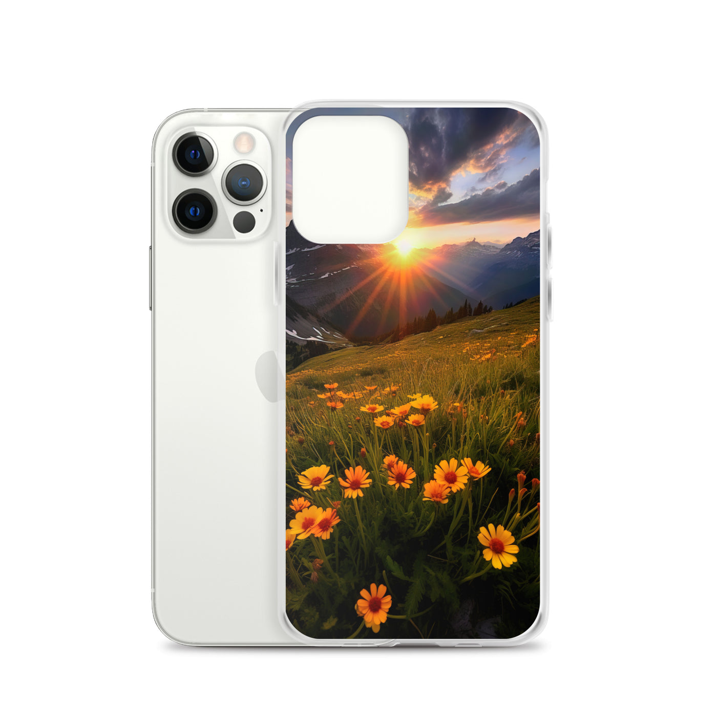 Gebirge, Sonnenblumen und Sonnenaufgang - iPhone Schutzhülle (durchsichtig) berge xxx