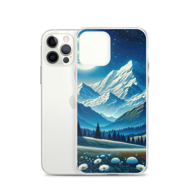 Klare frühlingshafte Alpennacht mit Blumen und Vollmond über Schneegipfeln - iPhone Schutzhülle (durchsichtig) berge xxx yyy zzz