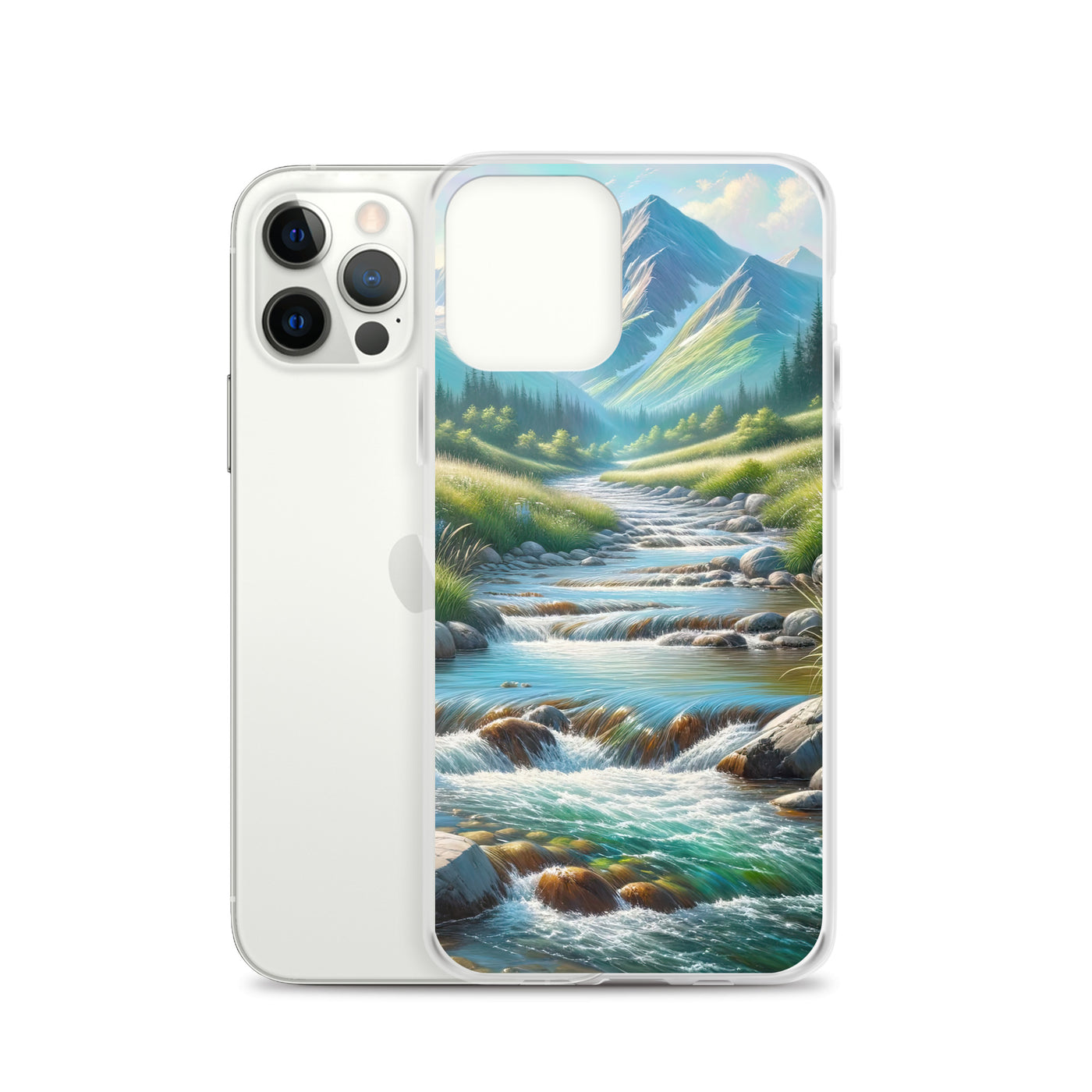 Sanfter Gebirgsbach in Ölgemälde, klares Wasser über glatten Felsen - iPhone Schutzhülle (durchsichtig) berge xxx yyy zzz