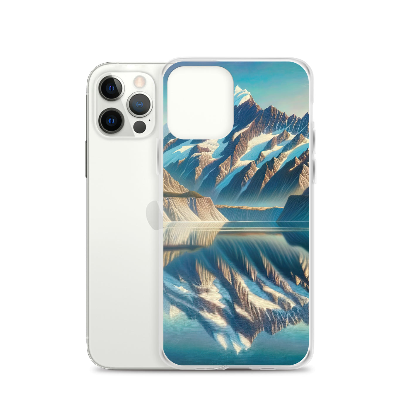 Ölgemälde eines unberührten Sees, der die Bergkette spiegelt - iPhone Schutzhülle (durchsichtig) berge xxx yyy zzz