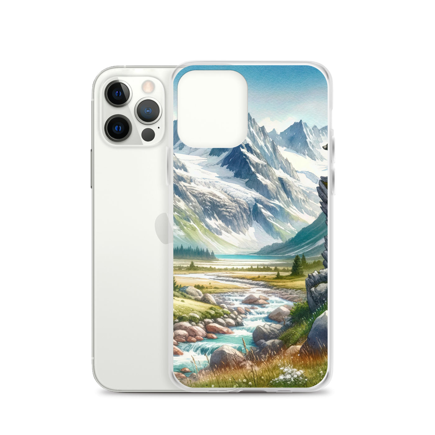 Aquarellmalerei eines Bären und der sommerlichen Alpenschönheit mit schneebedeckten Ketten - iPhone Schutzhülle (durchsichtig) camping xxx yyy zzz