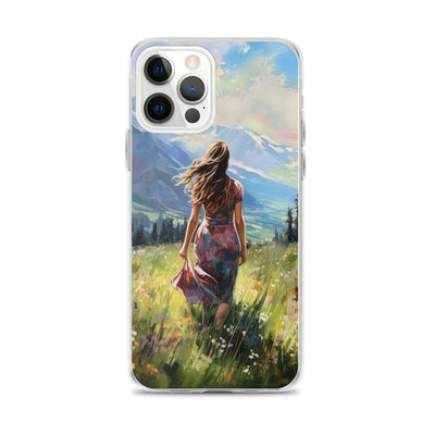 Frau mit langen Kleid im Feld mit Blumen - Berge im Hintergrund - Malerei - iPhone Schutzhülle (durchsichtig) berge xxx iPhone 12 Pro Max