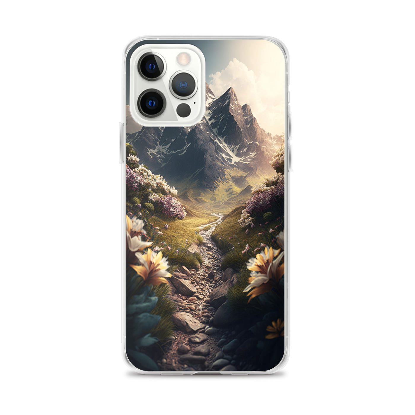 Epischer Berg, steiniger Weg und Blumen - Realistische Malerei - iPhone Schutzhülle (durchsichtig) berge xxx iPhone 12 Pro Max