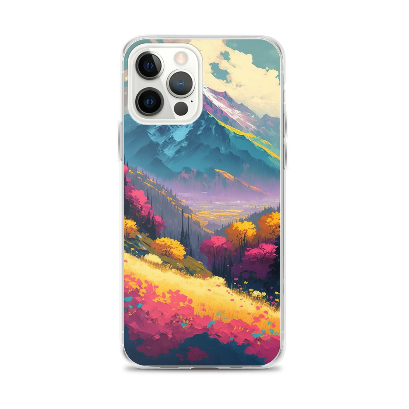 Berge, pinke und gelbe Bäume, sowie Blumen - Farbige Malerei - iPhone Schutzhülle (durchsichtig) berge xxx iPhone 12 Pro Max