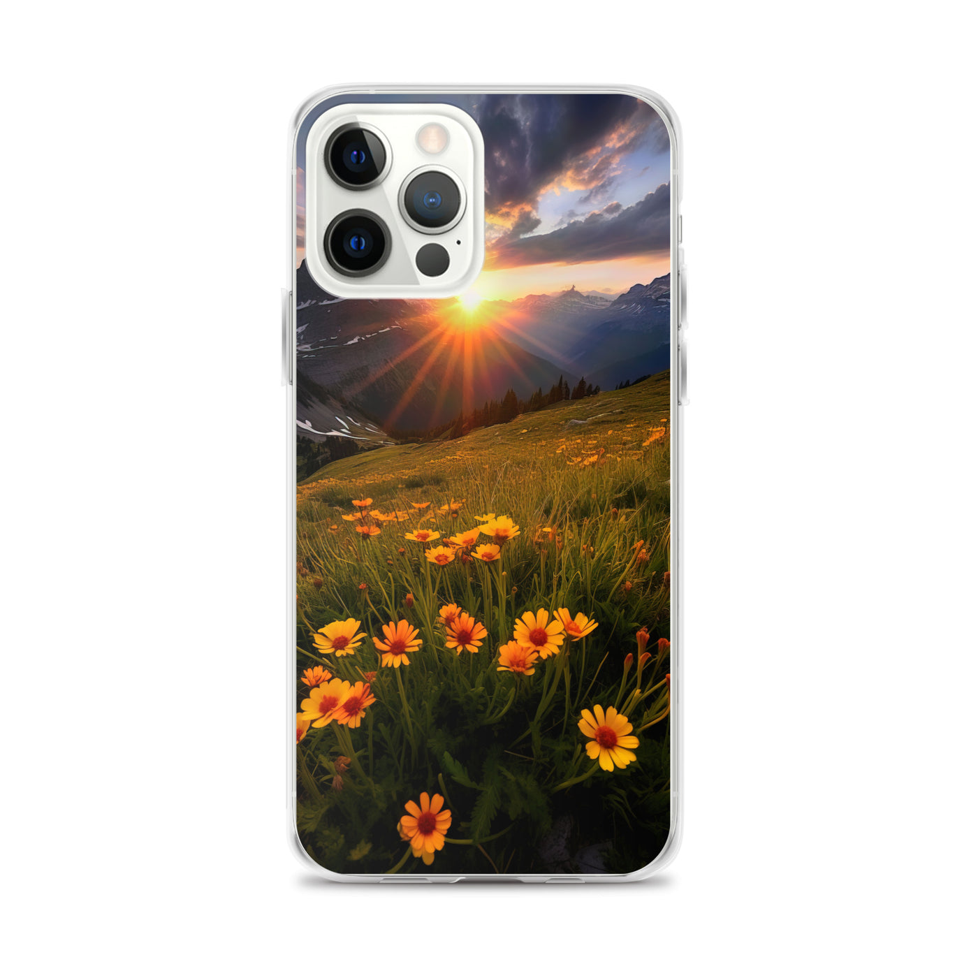 Gebirge, Sonnenblumen und Sonnenaufgang - iPhone Schutzhülle (durchsichtig) berge xxx iPhone 12 Pro Max