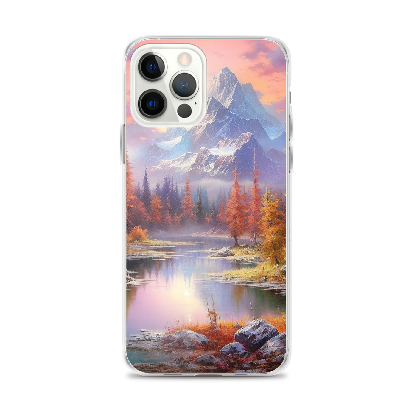 Landschaftsmalerei - Berge, Bäume, Bergsee und Herbstfarben - iPhone Schutzhülle (durchsichtig) berge xxx iPhone 12 Pro Max