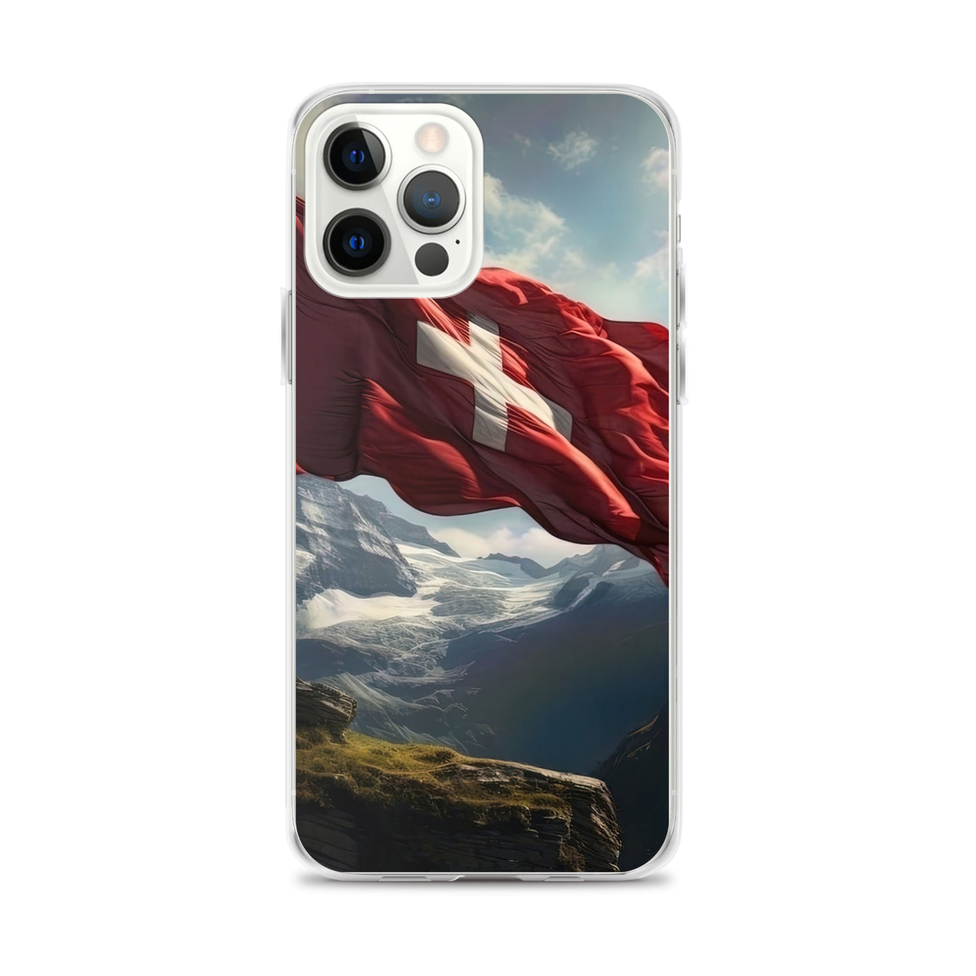 Schweizer Flagge und Berge im Hintergrund - Fotorealistische Malerei - iPhone Schutzhülle (durchsichtig) berge xxx iPhone 12 Pro Max