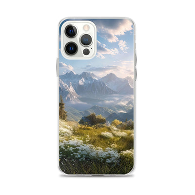 Berglandschaft mit Sonnenschein, Blumen und Bäumen - Malerei - iPhone Schutzhülle (durchsichtig) berge xxx iPhone 12 Pro Max