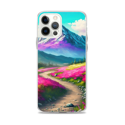 Berg, pinke Blumen und Wanderweg - Landschaftsmalerei - iPhone Schutzhülle (durchsichtig) berge xxx iPhone 12 Pro Max