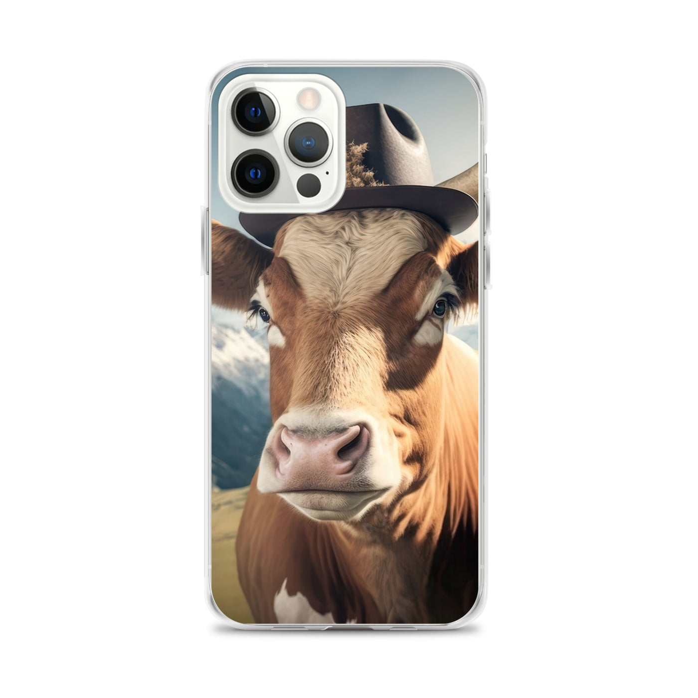 Kuh mit Hut in den Alpen - Berge im Hintergrund - Landschaftsmalerei - iPhone Schutzhülle (durchsichtig) berge xxx iPhone 12 Pro Max