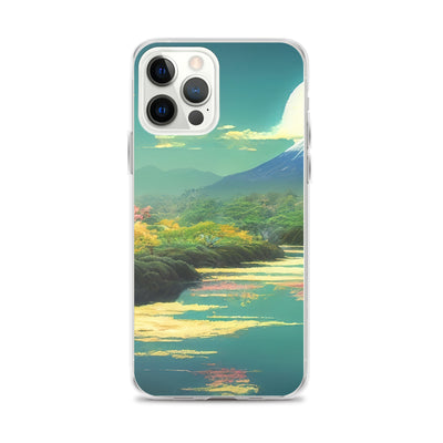 Berg, See und Wald mit pinken Bäumen - Landschaftsmalerei - iPhone Schutzhülle (durchsichtig) berge xxx iPhone 12 Pro Max