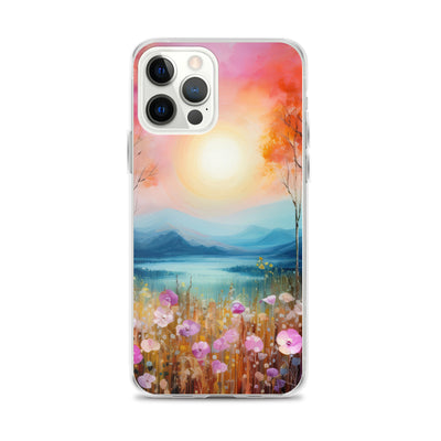 Berge, See, pinke Bäume und Blumen - Malerei - iPhone Schutzhülle (durchsichtig) berge xxx iPhone 12 Pro Max
