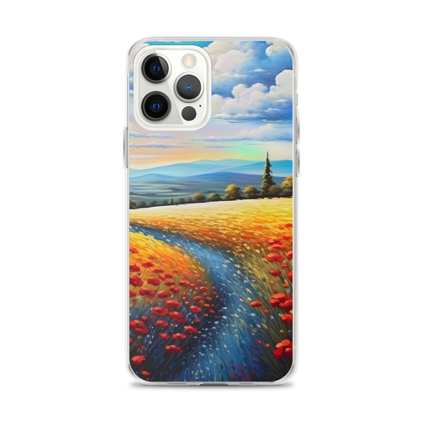 Feld mit roten Blumen und Berglandschaft - Landschaftsmalerei - iPhone Schutzhülle (durchsichtig) berge xxx iPhone 12 Pro Max