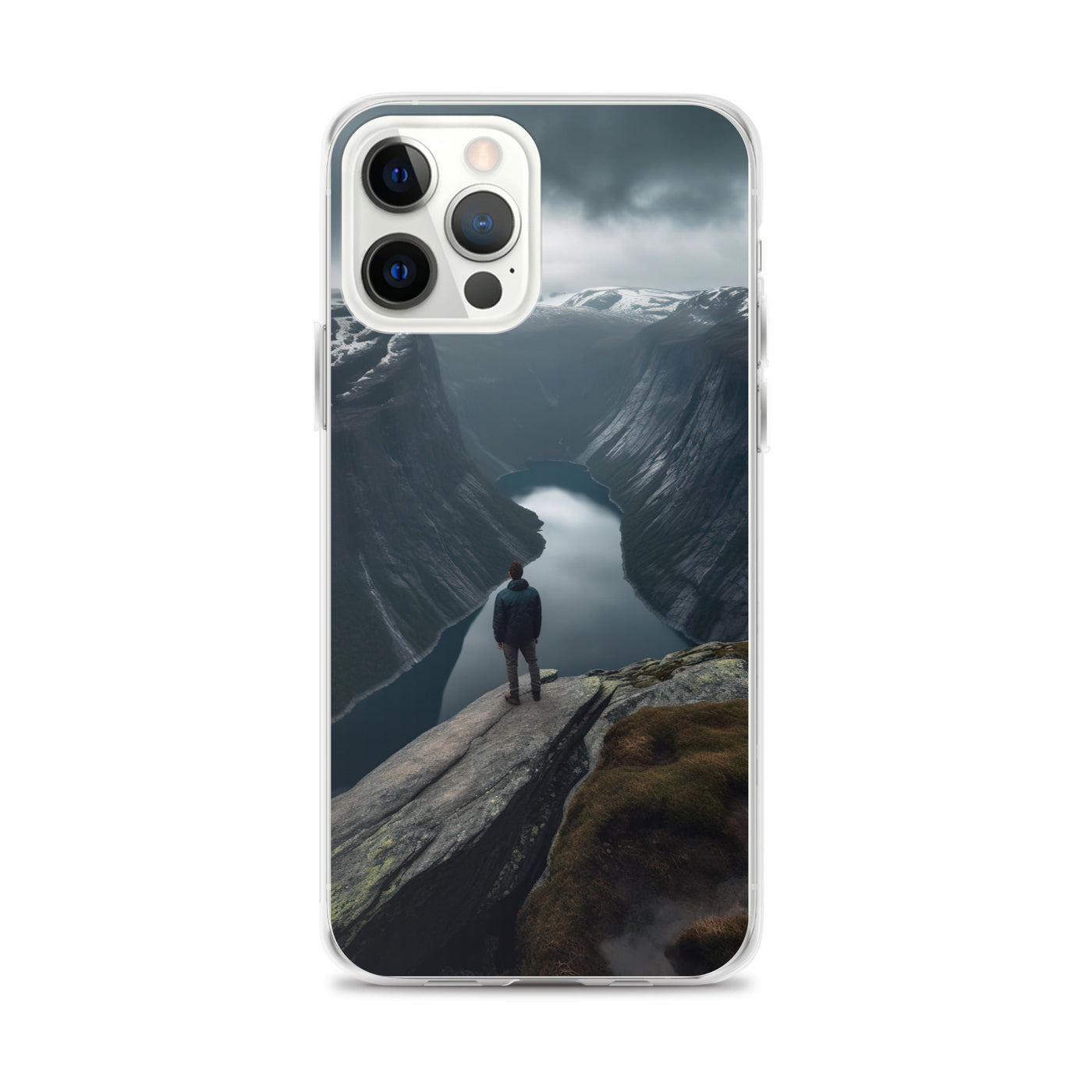 Mann auf Bergklippe - Norwegen - iPhone Schutzhülle (durchsichtig) berge xxx iPhone 12 Pro Max