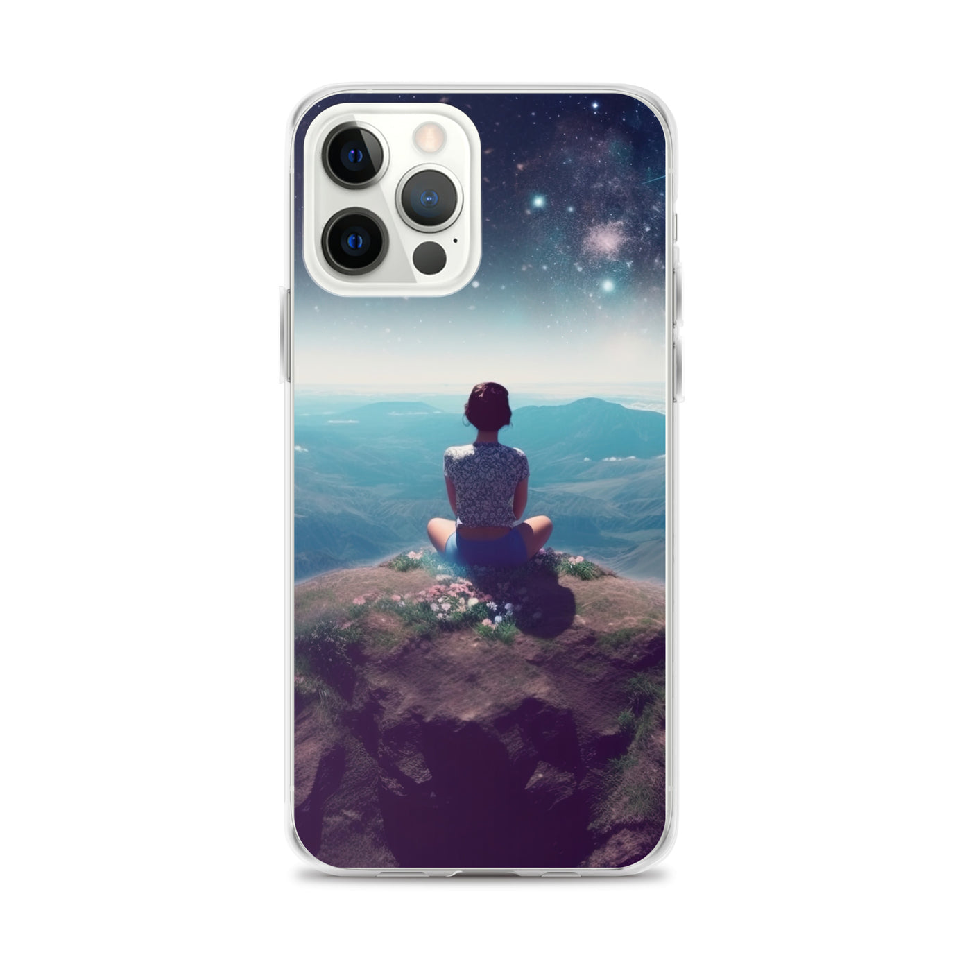 Frau sitzt auf Berg – Cosmos und Sterne im Hintergrund - Landschaftsmalerei - iPhone Schutzhülle (durchsichtig) berge xxx iPhone 12 Pro Max