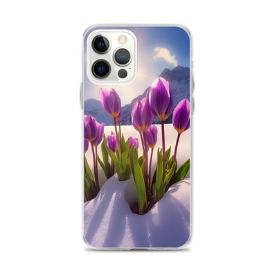 Tulpen im Schnee und in den Bergen - Blumen im Winter - iPhone Schutzhülle (durchsichtig) berge xxx iPhone 12 Pro Max