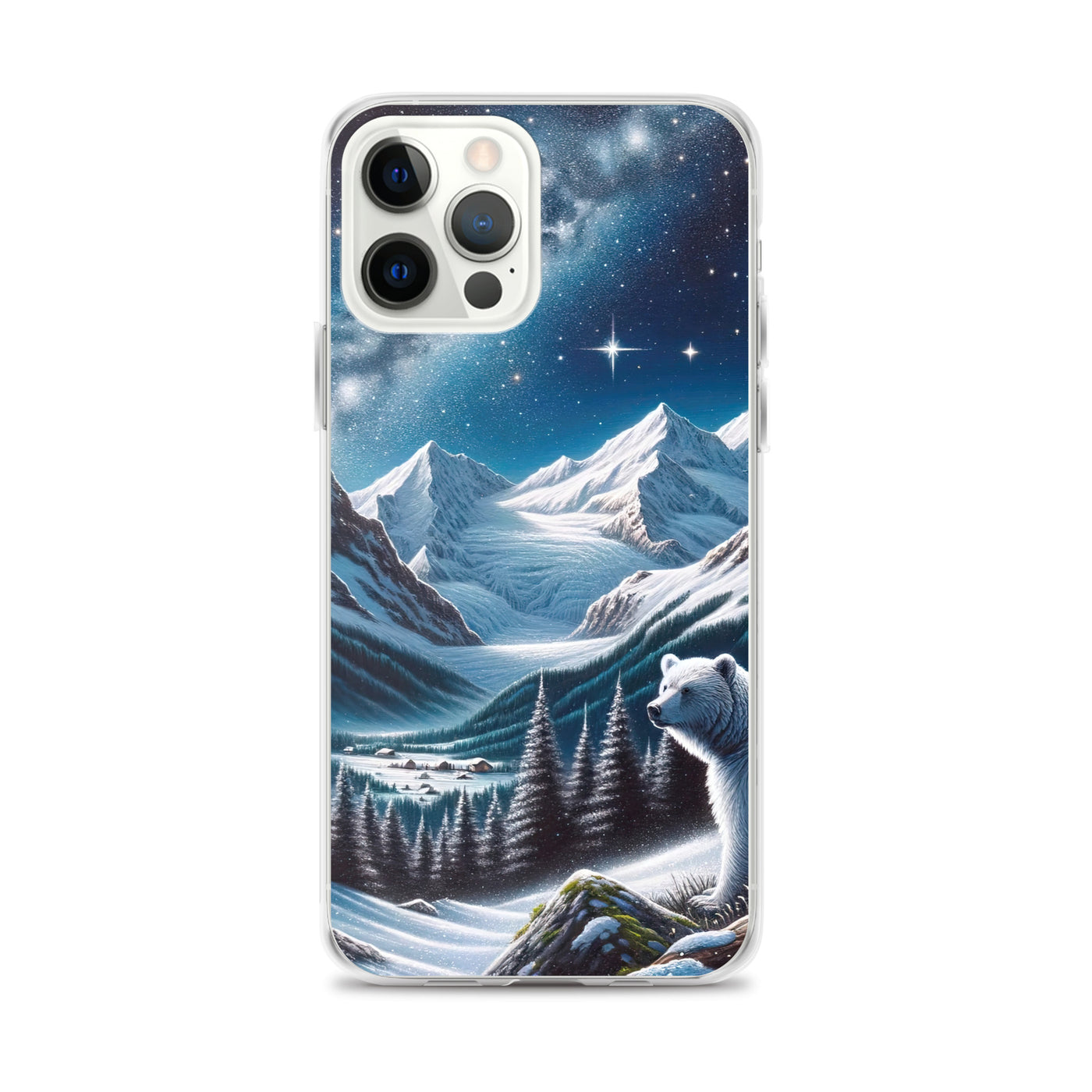 Sternennacht und Eisbär: Acrylgemälde mit Milchstraße, Alpen und schneebedeckte Gipfel - iPhone Schutzhülle (durchsichtig) camping xxx yyy zzz iPhone 12 Pro Max