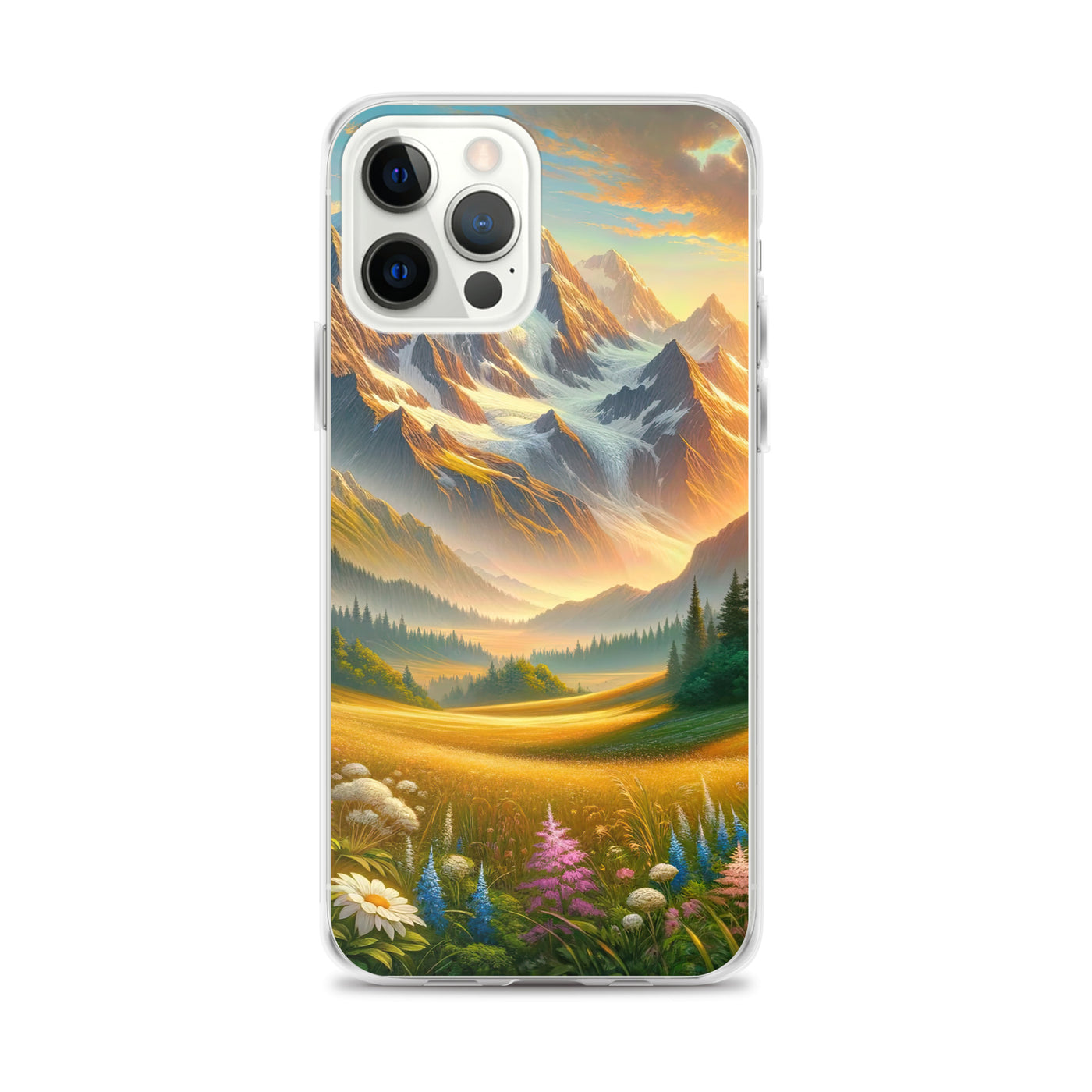 Heitere Alpenschönheit: Schneeberge und Wildblumenwiesen - iPhone Schutzhülle (durchsichtig) berge xxx yyy zzz iPhone 12 Pro Max
