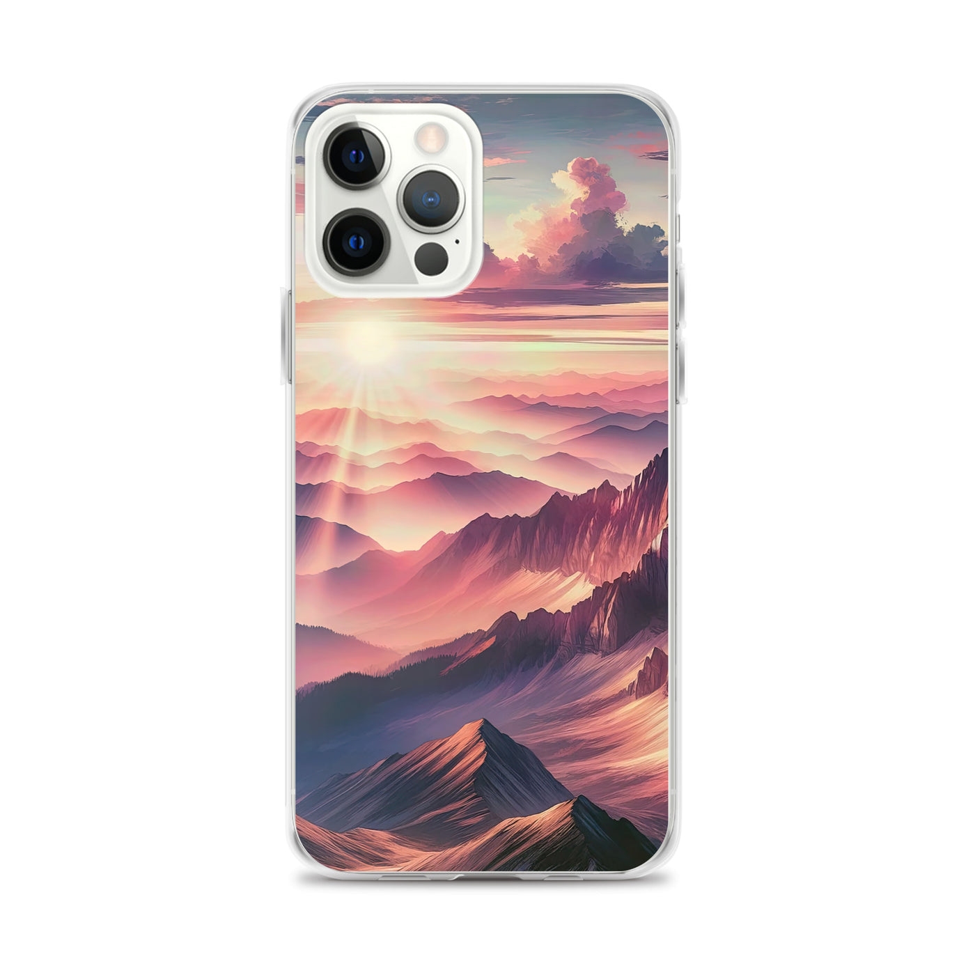 Schöne Berge bei Sonnenaufgang: Malerei in Pastelltönen - iPhone Schutzhülle (durchsichtig) berge xxx yyy zzz iPhone 12 Pro Max