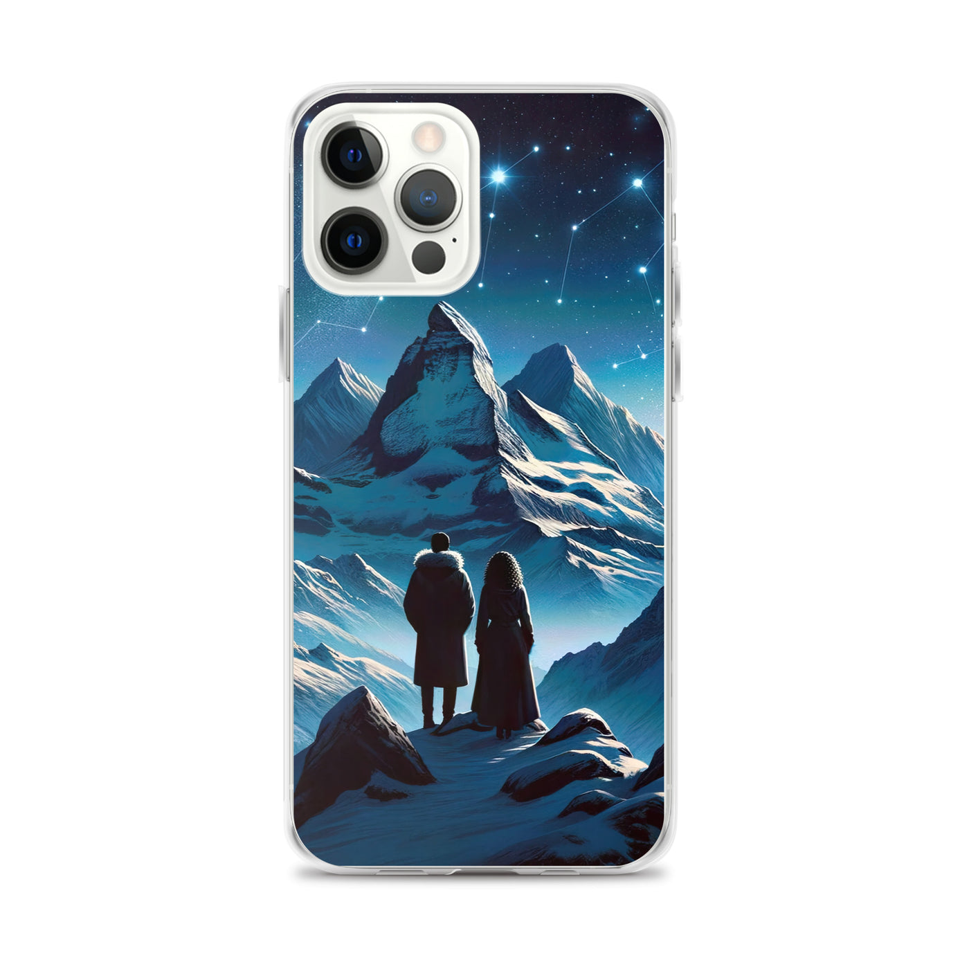 Alpenwinternacht: Digitale Kunst mit Wanderern in Bergen und Sternenhimmel - iPhone Schutzhülle (durchsichtig) wandern xxx yyy zzz iPhone 12 Pro Max