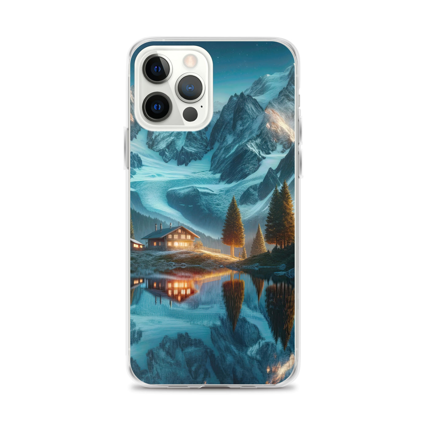 Stille Alpenmajestätik: Digitale Kunst mit Schnee und Bergsee-Spiegelung - iPhone Schutzhülle (durchsichtig) berge xxx yyy zzz iPhone 12 Pro Max