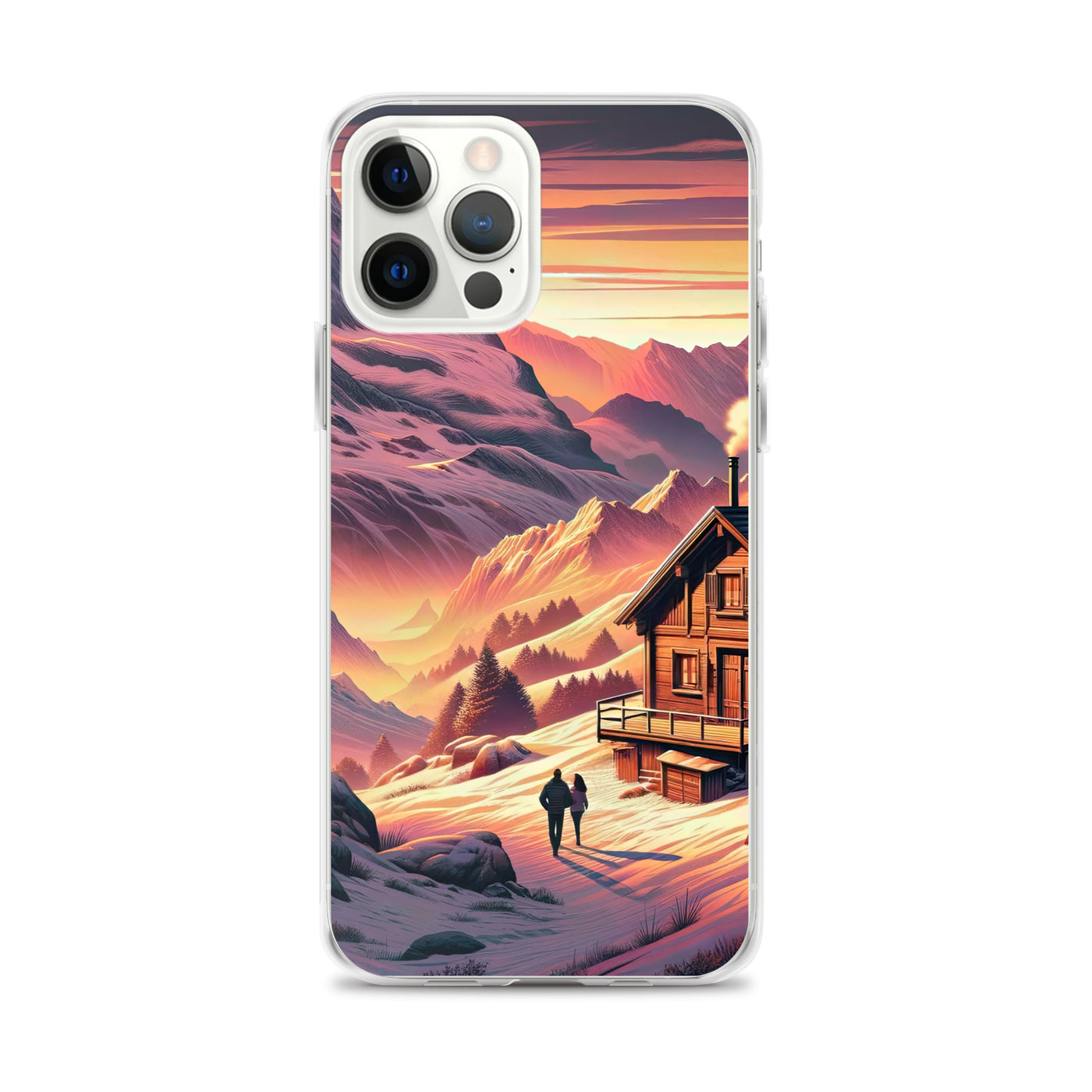 Berghütte im goldenen Sonnenuntergang: Digitale Alpenillustration - iPhone Schutzhülle (durchsichtig) berge xxx yyy zzz iPhone 12 Pro Max