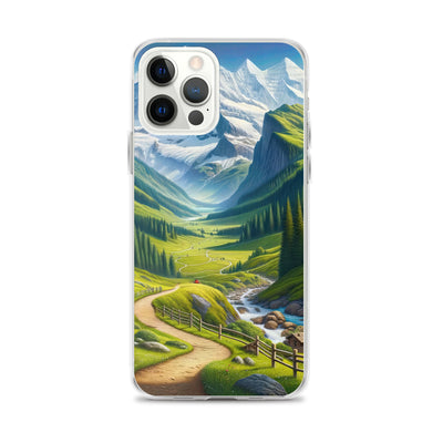 Wanderer in den Bergen und Wald: Digitale Malerei mit grünen kurvenreichen Pfaden - iPhone Schutzhülle (durchsichtig) wandern xxx yyy zzz iPhone 12 Pro Max