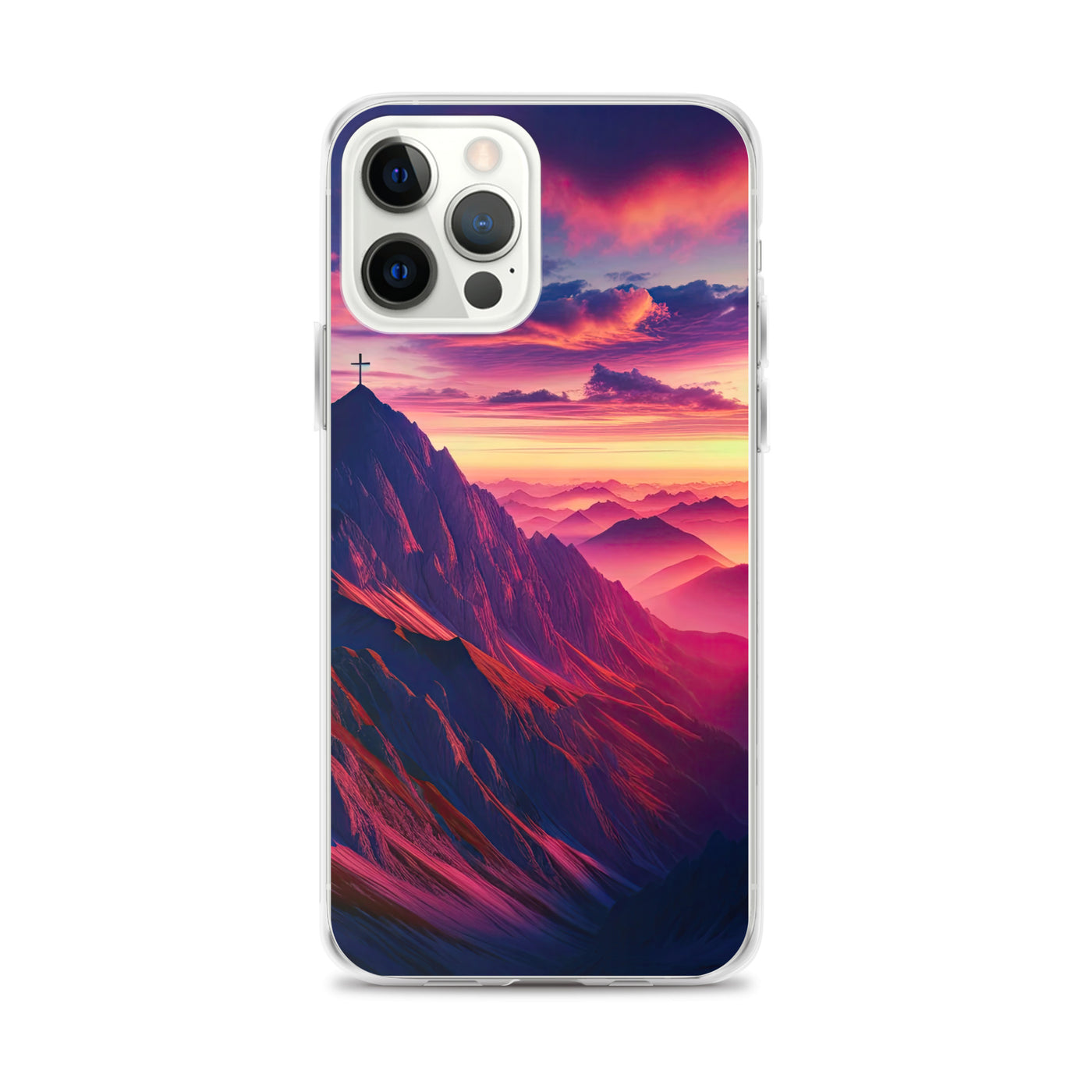 Dramatischer Alpen-Sonnenaufgang, Gipfelkreuz und warme Himmelsfarben - iPhone Schutzhülle (durchsichtig) berge xxx yyy zzz iPhone 12 Pro Max