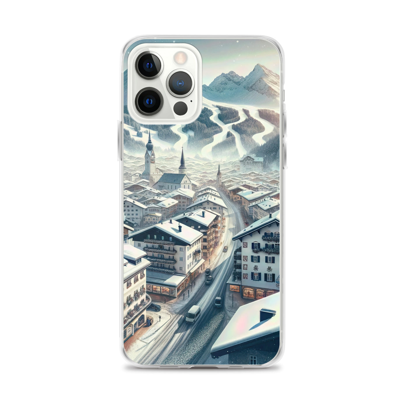 Winter in Kitzbühel: Digitale Malerei von schneebedeckten Dächern - iPhone Schutzhülle (durchsichtig) berge xxx yyy zzz iPhone 12 Pro Max