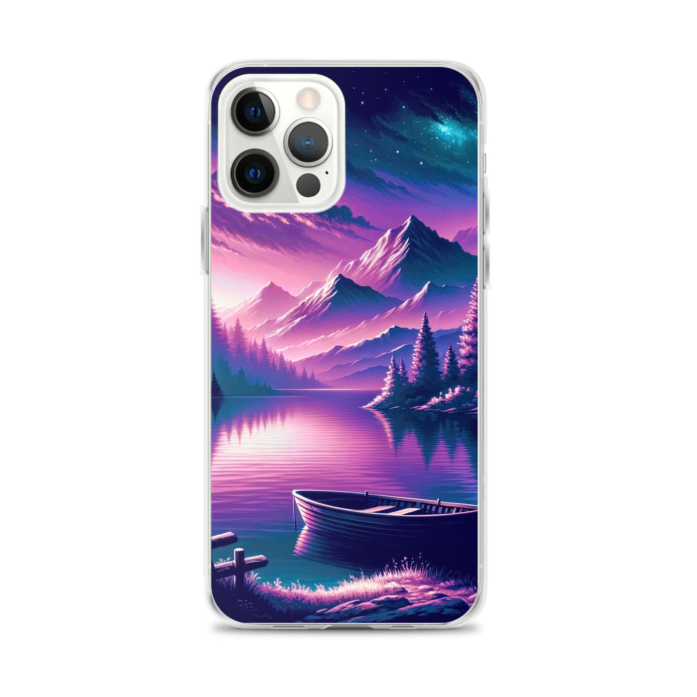 Magische Alpen-Dämmerung, rosa-lila Himmel und Bergsee mit Boot - iPhone Schutzhülle (durchsichtig) berge xxx yyy zzz iPhone 12 Pro Max