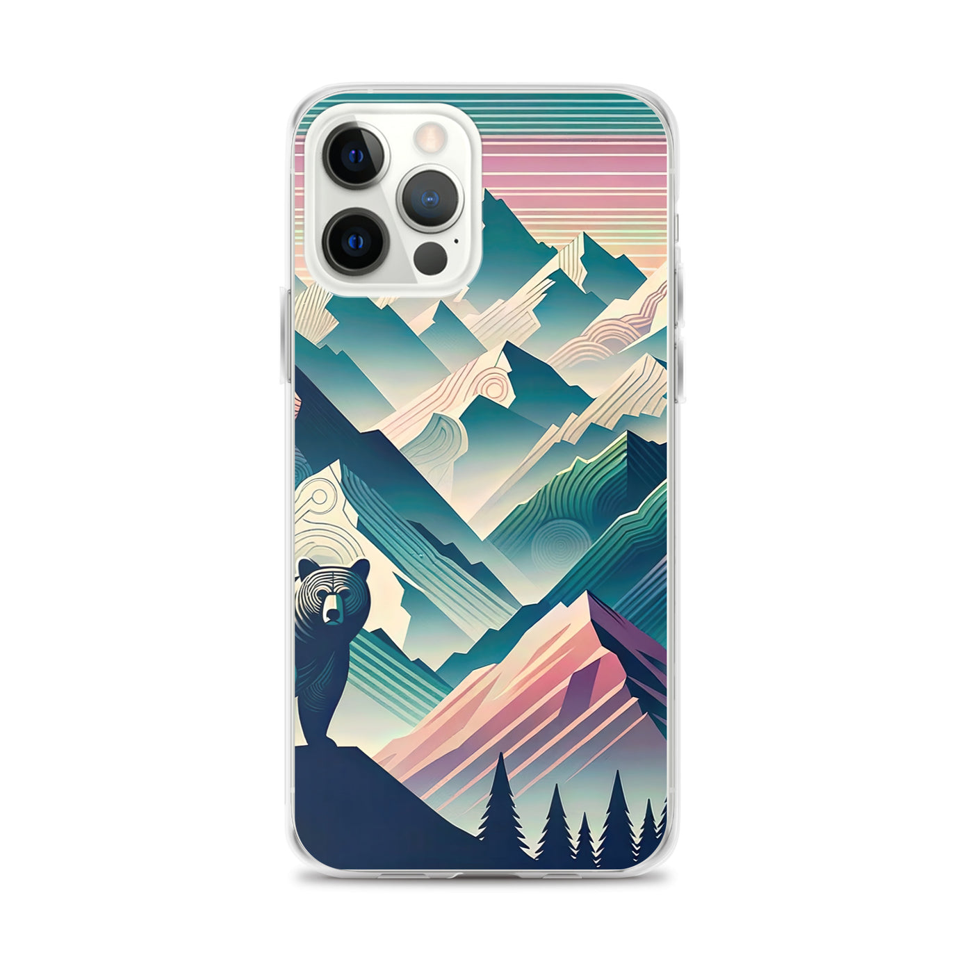 Bär im Panoramablick der Alpen, moderne Kunst-Gebirgsschichten - iPhone Schutzhülle (durchsichtig) camping xxx yyy zzz iPhone 12 Pro Max