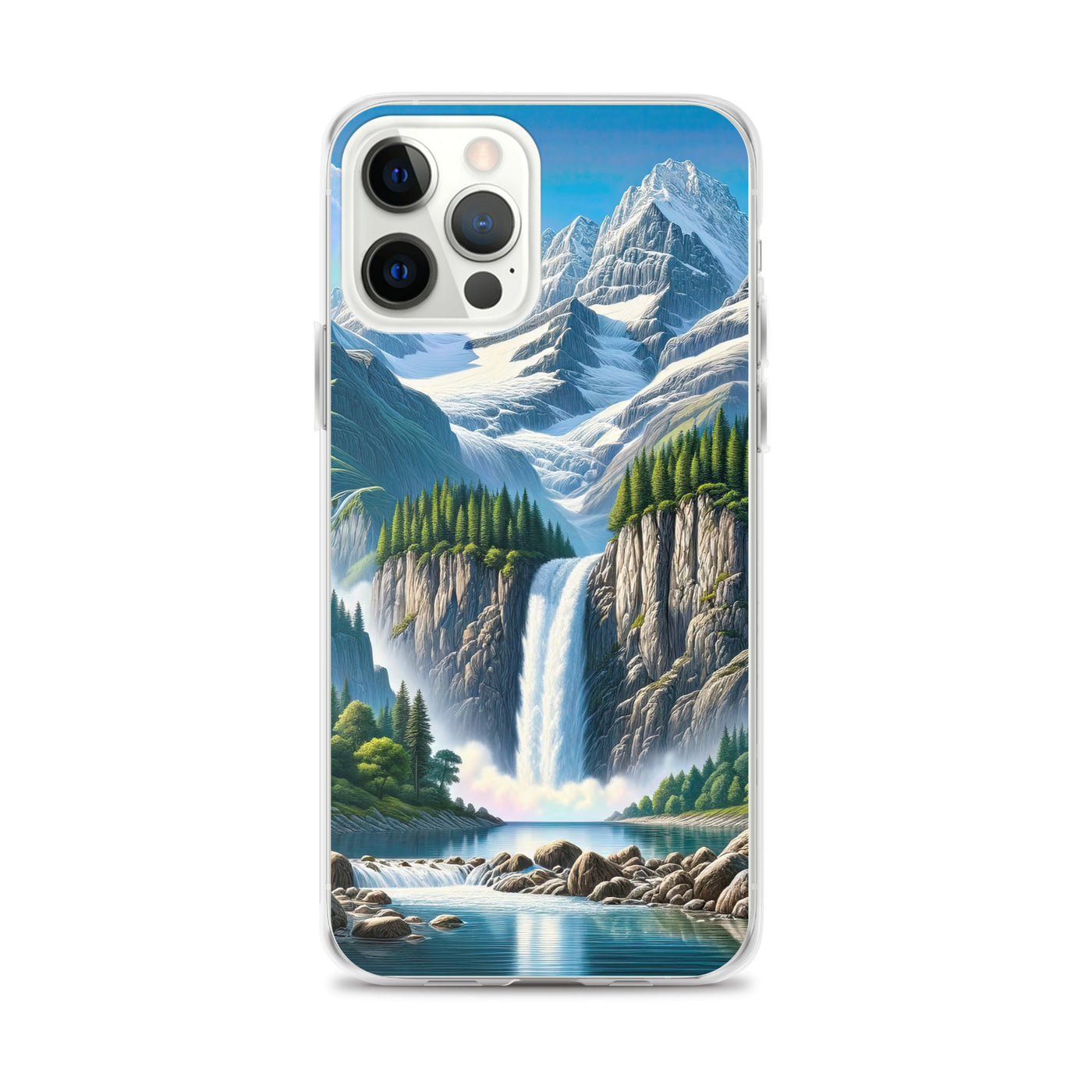 Illustration einer unberührten Alpenkulisse im Hochsommer. Wasserfall und See - iPhone Schutzhülle (durchsichtig) berge xxx yyy zzz iPhone 12 Pro Max