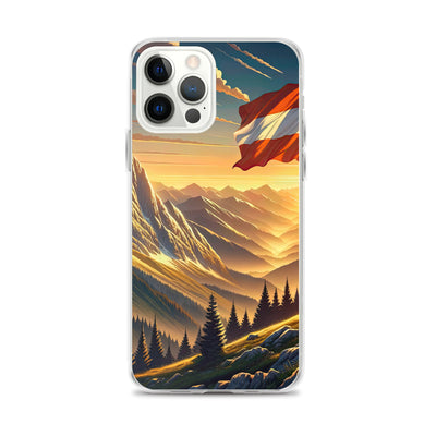 Ruhiger Alpenabend mit österreichischer Flagge und goldenem Sonnenuntergang - iPhone Schutzhülle (durchsichtig) berge xxx yyy zzz iPhone 12 Pro Max