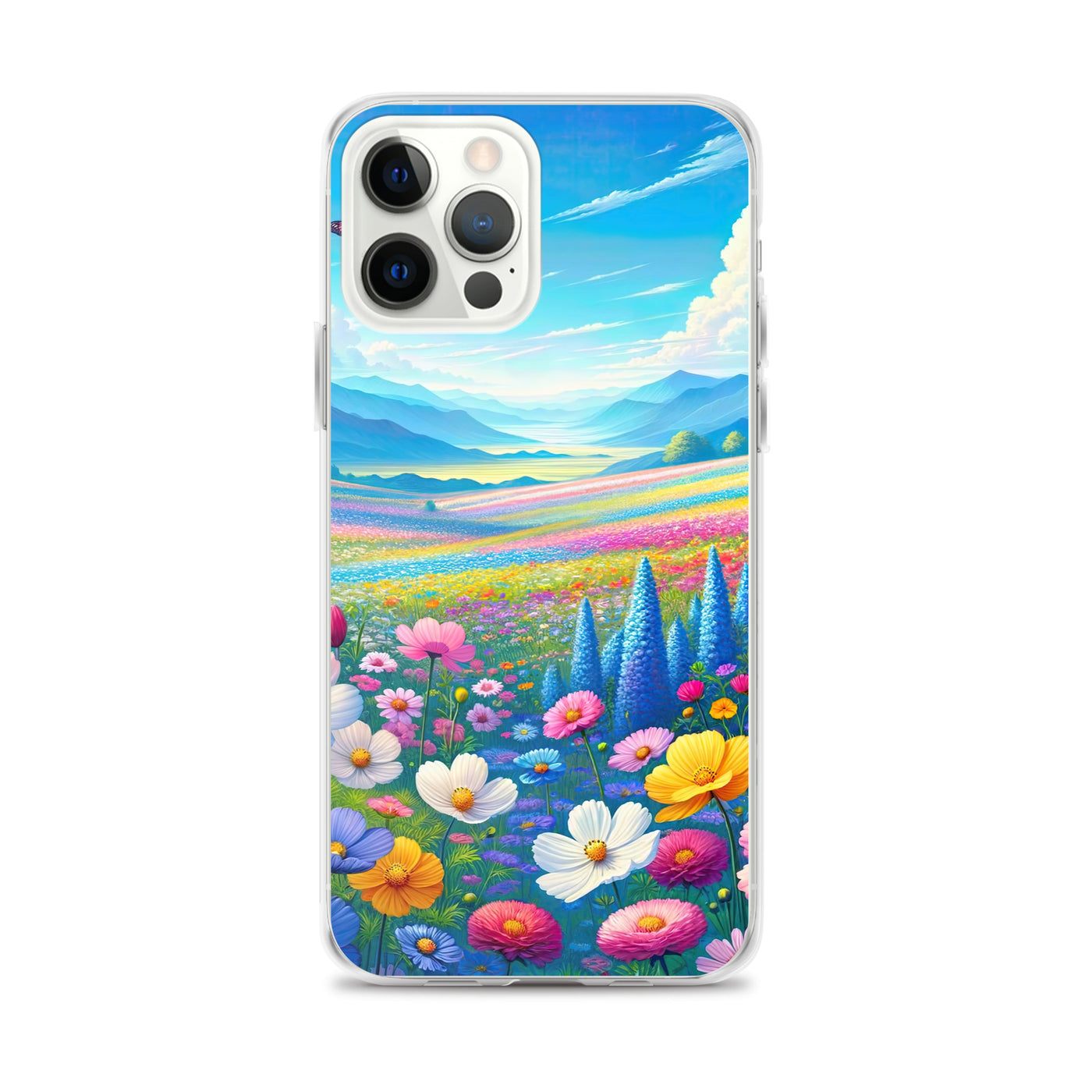 Weitläufiges Blumenfeld unter himmelblauem Himmel, leuchtende Flora - iPhone Schutzhülle (durchsichtig) camping xxx yyy zzz iPhone 12 Pro Max